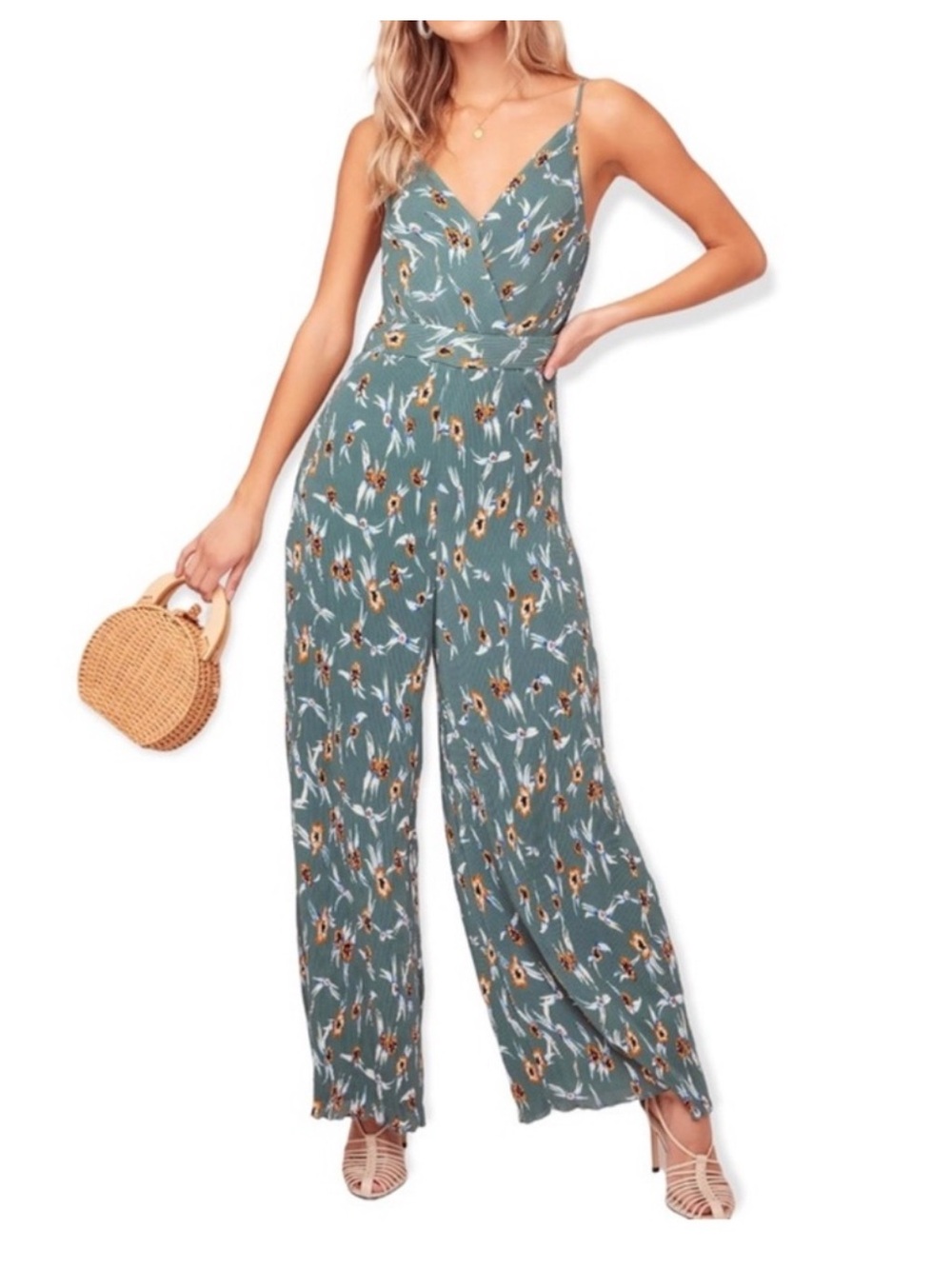 ASTR The Label Plisse Green Multi Floral Pleated Jumpsuit Wide Leg Women’s XS